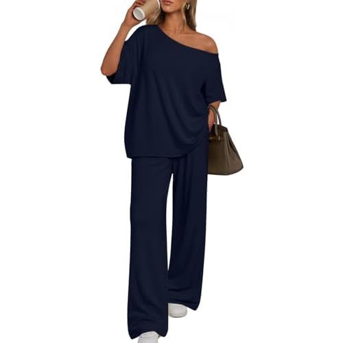 Trendy Queen Womens 2 Piece Lounge Sets Off Shoulder Oversized Tshirts & Wide Leg Pants Outfits