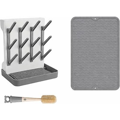 Baby Bottle Drying Rack with Drain Mat & Cleaning Brush– Vertical Countertop Organizer with 12 Hooks, Removable Pacifier Box, Drip Tray for Bottles, Pump Parts & Straw Accessories