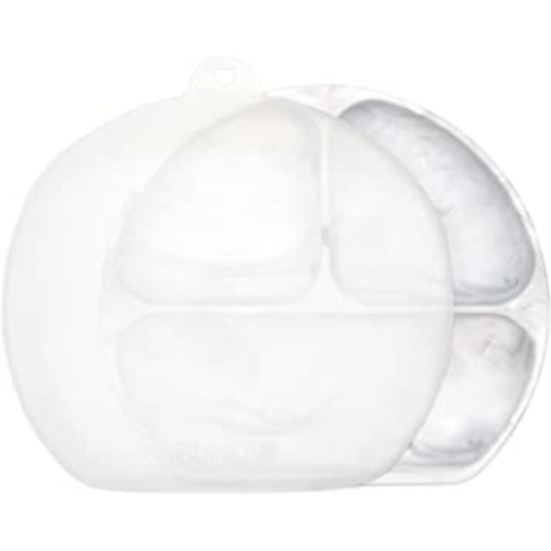 Bumkins Toddler and Baby Suction Plate, Silicone Divided Grip Dish and Lid, Babies and Kids, Baby Led Weaning, Children Feeding Supplies, Non Skid Bottom, Platinum Silicone, Ages 6 Months Up, Marble