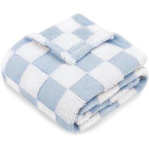 HOMRITAR Checkered Baby Blanket for Boys Girls Warm Cozy Reversible Checkerboard Toddler Blankets, Fluffy Fuzzy Plush Lightweight Bed Blanket with Chessboard Grid Design 350GSM Baby Blue 30 x 40 Inch