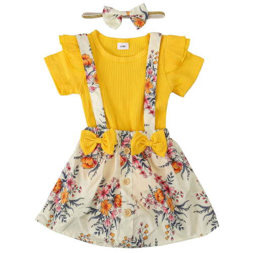 Deago Newborn Baby Girl Clothes Infant Romper Floral Suspender Dress Ruffle Sleeve Onesie Outfit Jumpsuit Headband Spring Summer