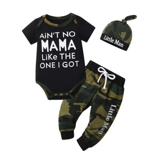 Newborn Baby Boy Clothes Letter Long Sleeve Romper + Pants + Hat 3PCS Outfits Set Green