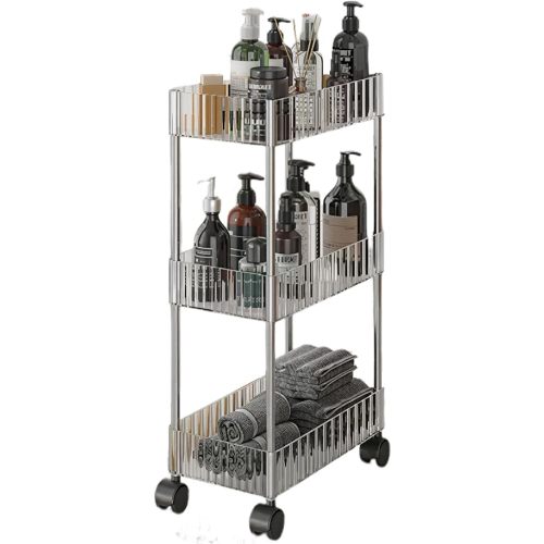 Sooyee Slim Clear 3-Tier Plastic Rolling Utility Cart with Wheels, Multi-Functional Storage Trolley for Office, Living Room, Kitchen, Movable Storage Organizer with Wheels