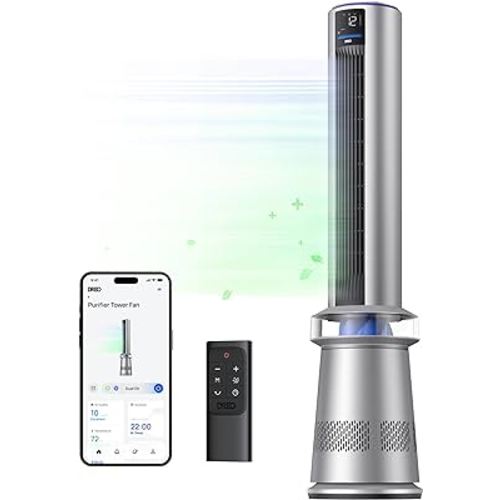 Dreo Air Purifier Tower Fan, 2-in-1 Smart Fan for Bedroom, 26ft/s Velocity, 120°Oscillation, 12H Timer, APP Control Bladeless Fans for Indoors, 25dB Low Noise, Standing Fan Works with Alexa, MC710S