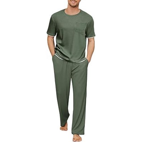Mens Pajamas Set Waffle Crew Neck Loungewear Cozy Sleepwear Short Sleeve Top and Long Pants Pj Set with Pockets