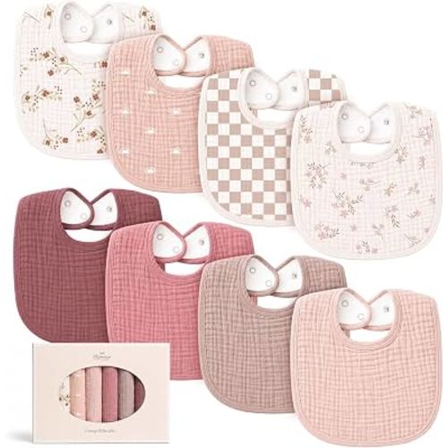 Konssy 8-Pack Muslin Baby Bibs, Adjustable Fit for Drooling and Teething | Soft Absorbent, Drool Bibs for Baby Boys Girls, Cotton Front with Fleece Backing, Newborn to Toddler 0-36M