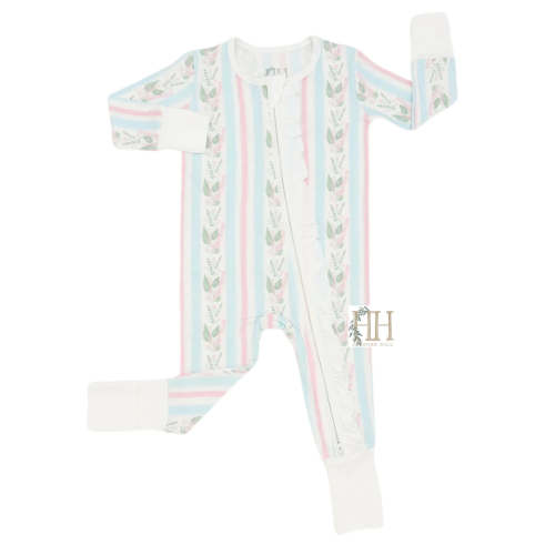 Girls Blue Floral Stripes Ruffle Double Zipper Romper – 0/3m
