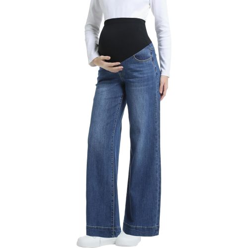 Women's Maternity Jeans Wide Leg Over The Belly Support Stretch Pregnancy Denim Loose Wide Pants with Pockets