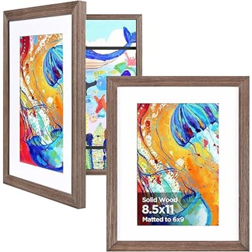 KINLINK 8.5x11 Kids Art Frame Set of 2, Solid Wood Kids Artwork Frames Changeable with Front Opening Hold 150 Pictures, Art Frames for Kids Art with Mat,without Mat 8.5x11 Picture Frame Brown Wood