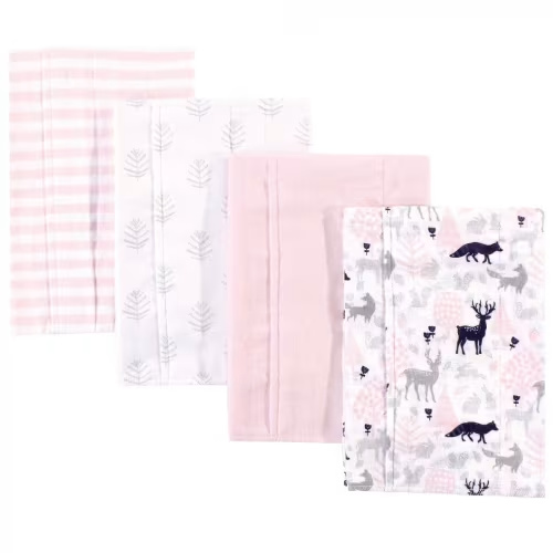 Hudson Baby Infant Girl Cotton Flannel Burp Cloths 4pk, Linocut Woodland Girl, One Size