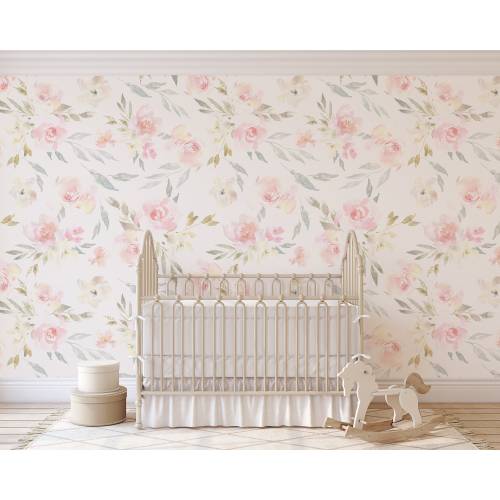 Pink Blush Floral Wallpaper – Peel and Stick, Removable Fabric Wallpaper – Romantic Pink Nursery Wall, Watercolor Pink Flowers Décor 0176-52