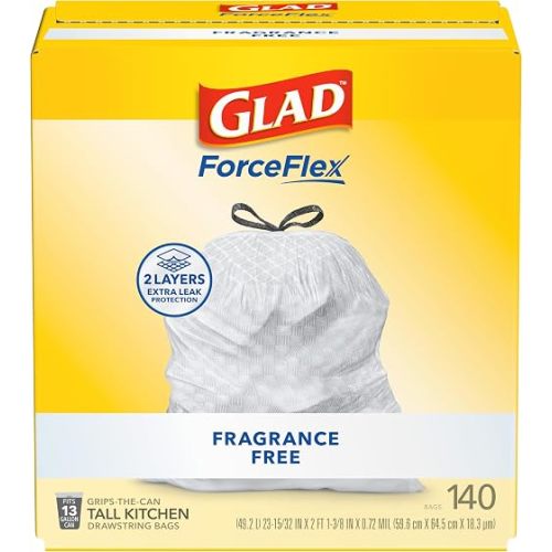 Glad ForceFlex Tall Kitchen Drawstring Trash Bags, 13 Gal, Fragrance Free, 140 Ct (Package May Vary)