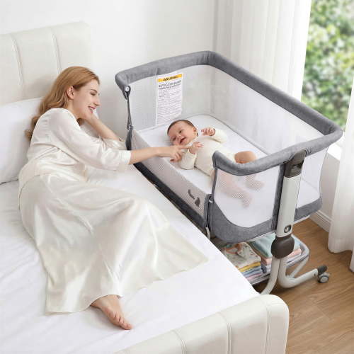 Minikid 3-in-1 Baby Bassinet Bedside Sleeper, 6 Height Adjustments, Full Mesh Breathable, Portable Newborn Baby Crib with Storage Basket,Dark Gray