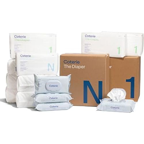 Coterie Baby Diapers + Wipes Baby Kit, Size 1 (198 Count) Size Newborn (93 Count) 4 Wipe Packs (224 Wipes) Made with Plant-Based Fibers, Hypoallergenic, Designed for Sensitive Skin, Clean Ingredients