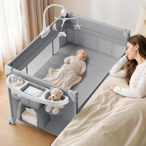 PRVAETU 5 in 1 Baby Playard with Bassinet & Changing Table,Pack and Play for Newborn, Infant, Toddler,Gray