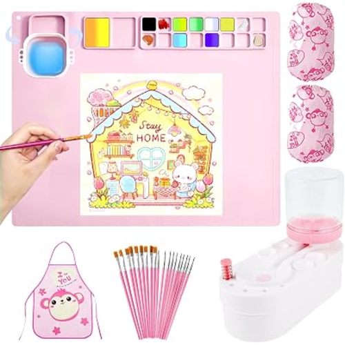 Silicone Painting Mat, 19.7"x15.7" Painting Station with Cup, Non Slip Silicone Art Mat with 20 PCS Paintbrushes, Paint Brush Cleaner, Painting Aprons, Painting Arm Cover for Resin, Painting Lovers (Pink)