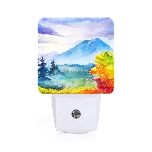 Watercolor Mountains and Forest Night Light,Plug Into Wall for Boys Girls Bedroom Decorative Square Night Light Lamp 0.5w Sleep Friendly