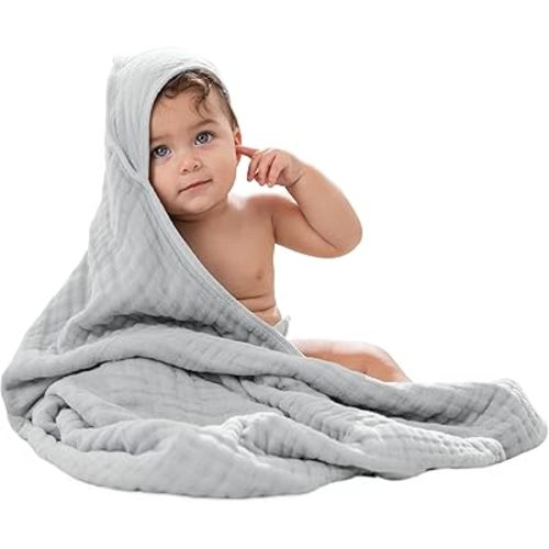 Comfy Cubs Hooded Baby Towel 1-Pack, Large 32 x 32 Inch - 6 Layer 100% Muslin Cotton for Babies, Toddlers and Kids - Soft & Absorbent Baby Bath Towels - Unisex Design for Bath Time - Heather Blue