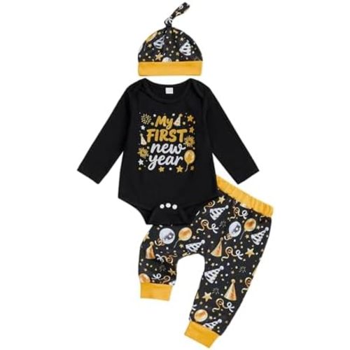 Bonangber New Years Baby Boy Outfit Letter Print Long Sleeve Romper Pants Hat Cute My First New Years Baby Boy Outfit