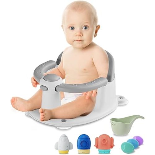Baby Bath Seat for Babies 6 Months & up, 3 Baby Bath Toys, Non-Slip Baby Bath Seat, Safe & Comfortable Baby Bath Support, for Bathtub/Living Room/Shower Room, Grey