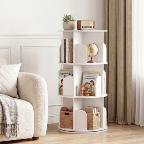 3 Tier Rotating Bookshelf, 360° Spinning Freestanding Bookcase, White Storage Organizer for Bedroom, Living Room