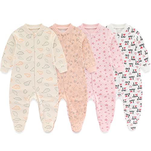 MAMIMAKA Newborn Baby One-Piece Footies Romper 2-Way Zip Cotton Bodysuit Long-Sleeve Jumsuit 4-Pack, 0-12 Months