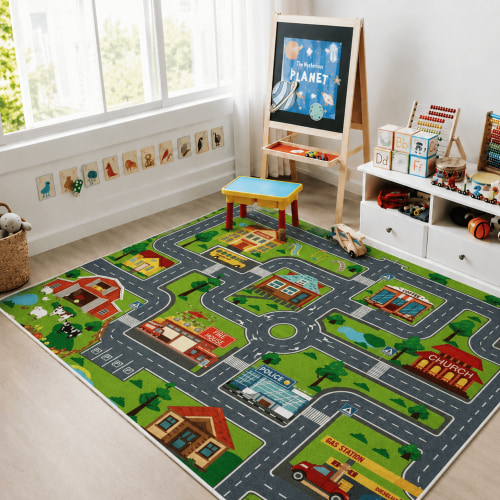 Kids Car Rug Play Mat, Road Traffic Town City Race Track Carpet, Non Slip Machine Washable Playmat for Toy Cars, Bedroom and Playroom