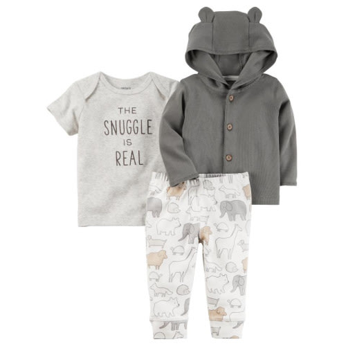 Carter's 3 Piece Grey Button Down Hooded Cardigan, Grey Slogan Embroidered Top with White Printed Pant Set