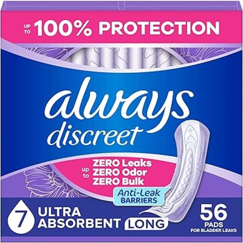 Always Discreet Adult Incontinence Pads for Women, Ultra Absorbency, Long Length, Postpartum Pads, Up to 100% Bladder Leak Protection, 56 Count