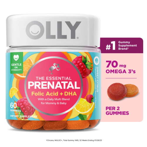 OLLY Prenatal Multivitamin Gummy Supplement, Folic Acid, Omega 3 DHA, 60 Ct HSA/FSA Eligible