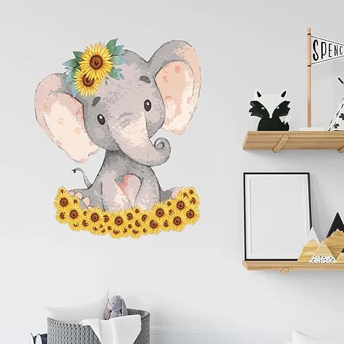 Funny Animal Elephant Wall Decals Home Decoration Cute Baby Elephant with Sunflower Headdress22inch Vinyl Stickers for Girl Boy Bedroom Living Room Office Bathroom Wall Decoration