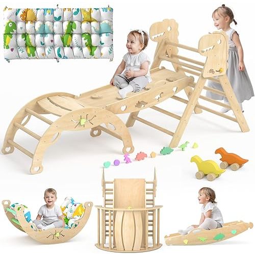 Pikler Triangle Set with Cushion 9 in 1 Large Climbing Toys for Toddlers 1-7 Indoor Baby Climbing Gym Montessori Toys Wooden Climbing Toys with Maze Toys, Shape Sorting Toys, Dinosaur Car