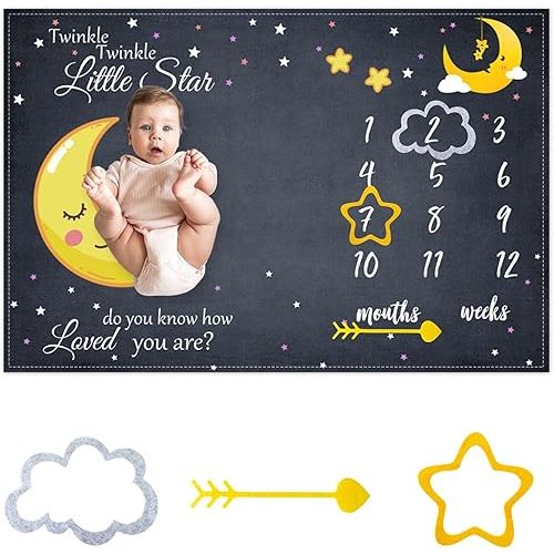 CSFOTO Baby Milestone Blanket 60''x40'' Starry Sky Newborn Month Blanket Star and Moon Newborn Photography Background Prop for Boy & Girl Personalized Shower Present with Frame