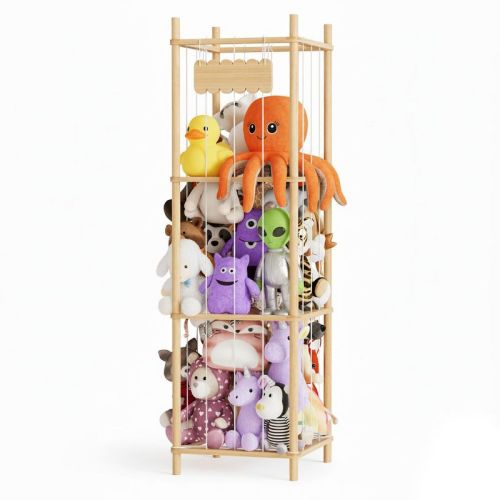 SpaceAid Stuffed Animal Storage Organizer – Wood Toy Zoo Cage, Large Plush Toy Holder for Playroom, 15.8" Wide, Natural