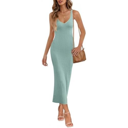 MEROKEETY Womens Summer Bodycon Knit Midi Dress 2026 Deep V Neck Sleeveless Baby Shower Vacation Ribbed Long Sweater Dresses