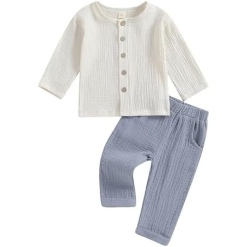 VISGOGO Toddler Boy Linen Outfit Baby Boy Fall Winter Clothes Set Button-Down Shirt Tops Cotton Linen Pants 2PCS