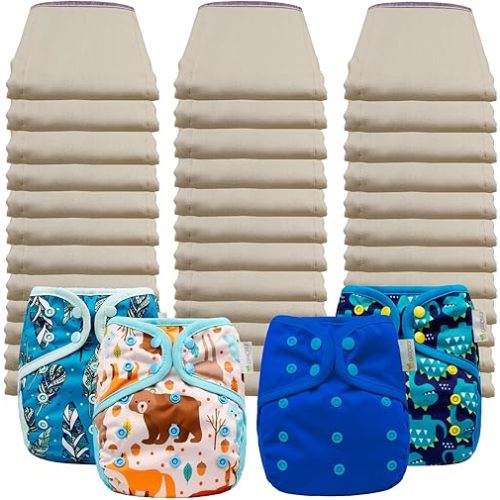 OsoCozy Economy Prefold Diaper Package - 3 Dz. Premium 4x8x4 Unbleached Better Fit 100% Cotton Prefold Diapers (14-30 lbs) & 4 One-Size Diaper Covers (1 Feather, 1 Critter, 1 Blueberry, 1 Dragon)