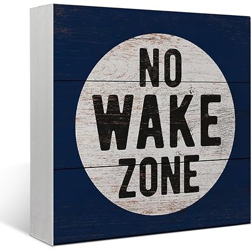 Mtrgdn No Wake Zone Wood Box Sign Desk Decor Rustic Nautical Wooden Box Block Sign Decorations for Lake House Coastal Beach House Wall Tabletop Desk Decor