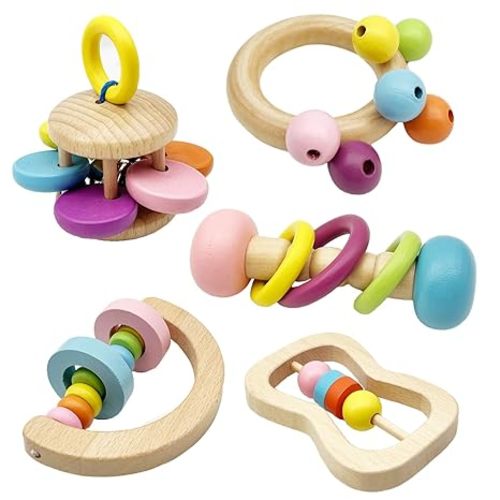 Wooden Baby Rattle, Organic Colorful Baby Rattles Set, Toddler Hand Wooden Rattles Toy Set for Infant Grasping, Sensory Development, Gift for Baby Boys Girls
