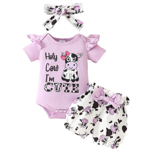 Povozer Baby Girl Clothes Summer Cowgirl Outfits Ruffle Newborn Infant Romper Print Bloomer Shorts Headband 3 Piece Set 0 3 6 9 12 18 24 Months for 6-9 Months,Purple