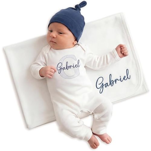 Linkababy Personalized Baby Boy Coming Home Outfit, 100% Cotton Embroidered Romper, Hat, Blanket, Baby Showers, Newborn 0-3M