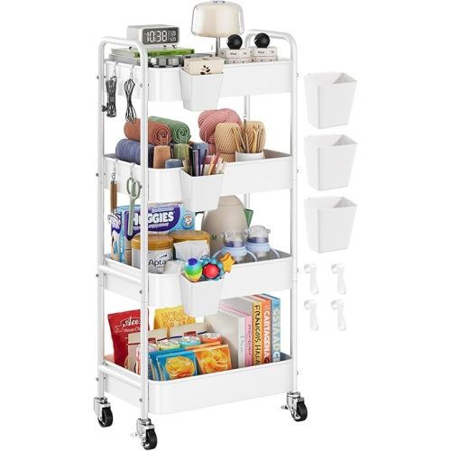 4 Tier Rolling Cart Metal with Wheels, White Four Tiered Rolling Storage Cart on Wheels, Utility Roller Carts Organizer for Art, Craft, Baby Diaper Caddy, Snack, Book, Large-Capacity Shelving Units
