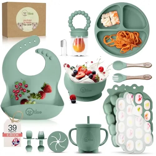 O'doe Baby Weaning Set – 15 Pcs Silicone Baby Feeding Set with Suction Plate, Bowl, Bib, Sippy Cup, Fruit Feeder, Freezer Tray