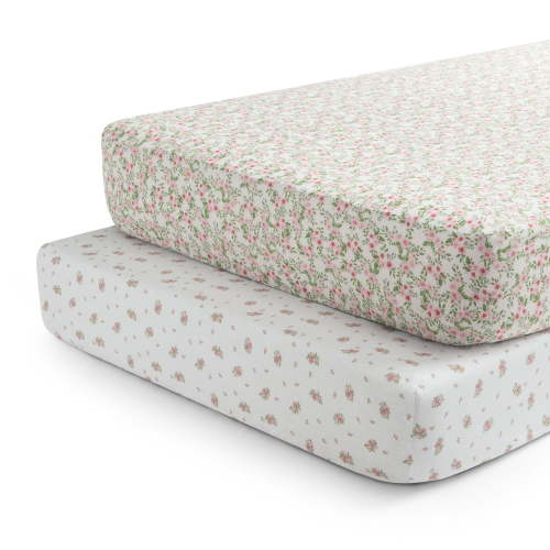 Delta Children Fitted Crib Sheets for Girls and Boys - Crib Sheet for Standard Crib and Toddler Mattresses - 28x52 Inch (Pack of 2), Pink Floral