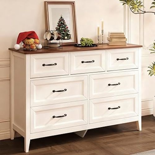Gizoon Farmhouse 7 Drawers Dresser, White Chest of Drawers with Metal Handles, 47" Wide Wooden Storage Organizer for Bedroom, Hallway, Living Room, Tabletop-Retro