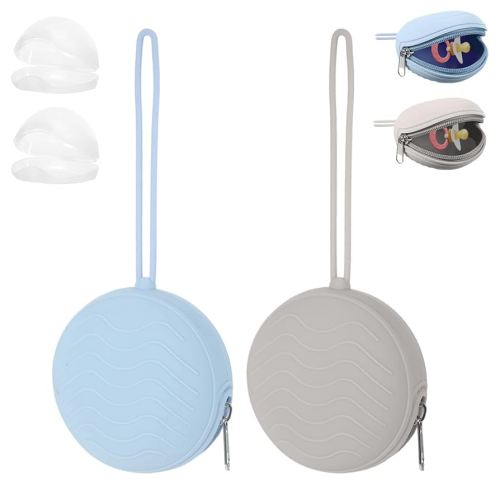 2 Pack Pacifier Holder Case, BPA-Free Silicone Portable Pacifier Case Holder Pouch for Baby Boys & Girls, Travel Storage Container for Newborn, Diaper & Strollers(Light Grey/Blue)