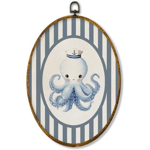 XPH Coastal Beach Octopus Nautical Nursery Oval Wall Art Framed, Ocean Nursery Oval Wall Decor, Blue Striped Sailor Octopus Hanging Canvas Prints for Home Kids Room Bedroom Decoration, 8.6x11.4 Inch