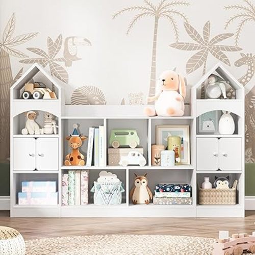 Halitaa Castle Shape Children's Bookshelf, Kids Bookcase Display Case Kids Toy Storage Organizer Multifunctional Storage Cabinet Bookshelf Suitable for Playroom, Children's Room, Living Room, White