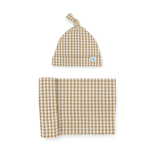 Stretch Knit Swaddle and Hat Set - Cinnamon Gingham