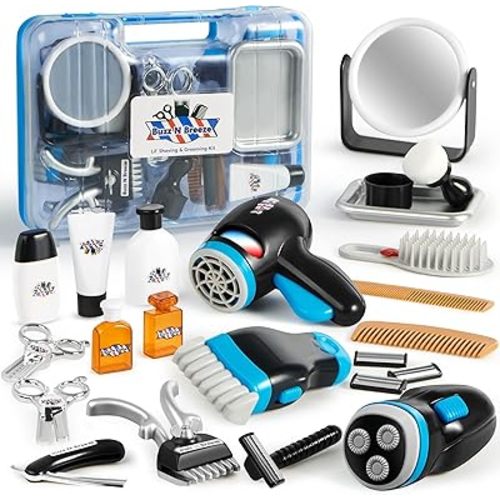 JOYIN Barber Shop Pretend Role Play Toy, 23 Pcs Kids Shaving Kit for Boys, Haircut Kit for Boys 3+ Year Old Birthday Gift, Upgraded Toddler Role Play Set with Storage Box